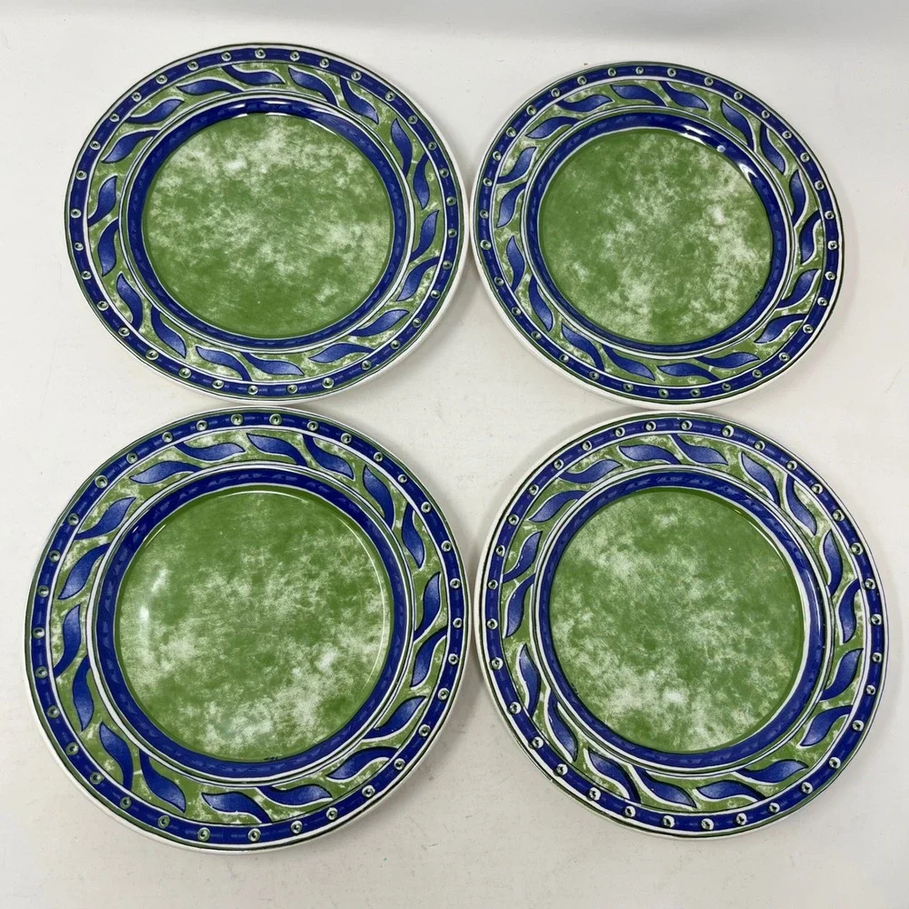 Pier 1 Versailles Salad Plates Set 4 Green Blue Leaf Italy Ceramica Quadrifoglio